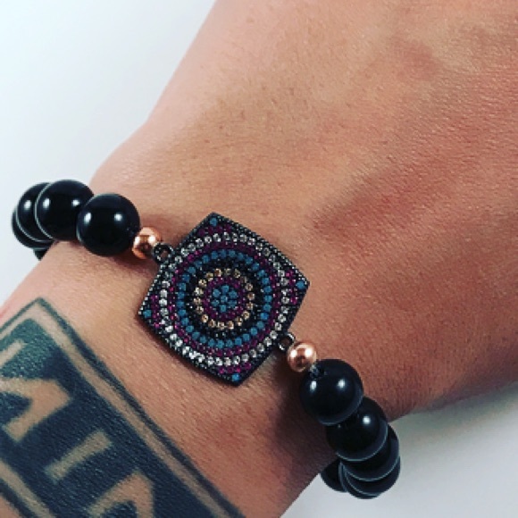 Genuine onyx micro pave cz evil eye bead bracelet - Picture 6 of 9