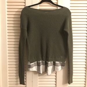 olive green Hollister sweater with flannel trim