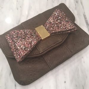 🎀DEUX LUX Leather & Sequin Bow Clutch Purse NWT