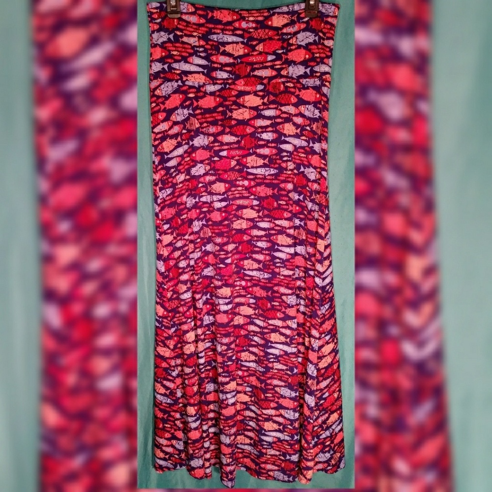Lularoe purple maxi with pink and purple fish NWOT