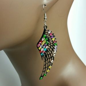 Black Angel Wing Earrings With Colored Rhinestones