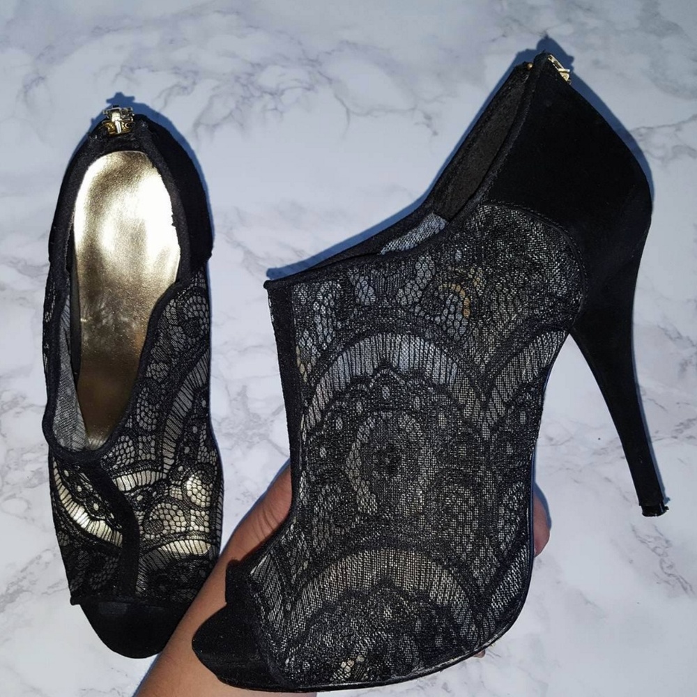 black lace heels with zippers