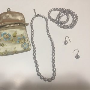 Gray pearl like necklace, earring and bracelet set