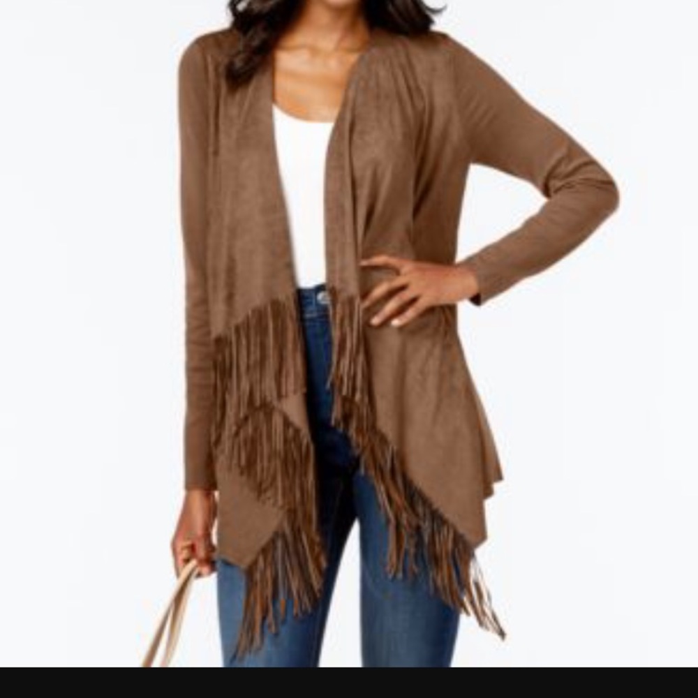 INC fringed faux-suede cardigan