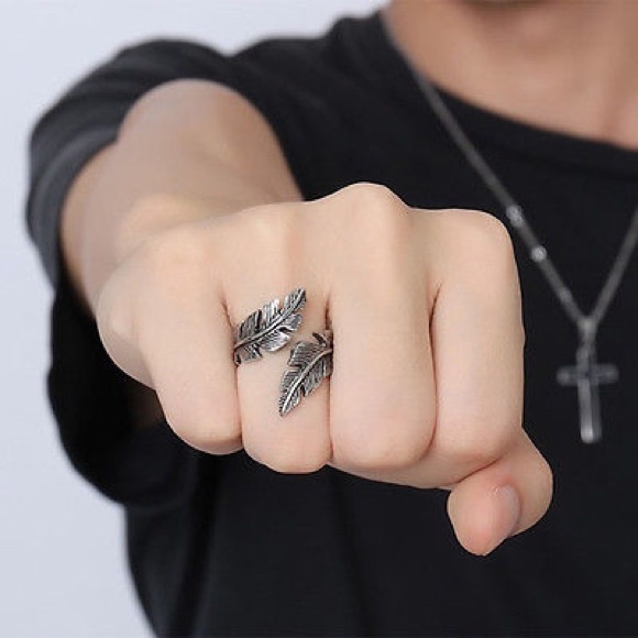 Stainless Steel Vintage Feather Bohemian Band Ring - Picture 2 of 5