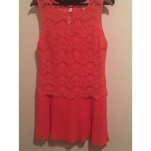 Coral lace pleated party dress