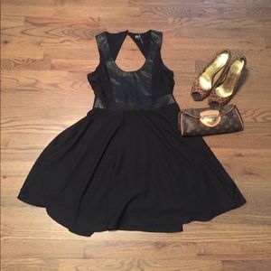 Black faux leather detail skater dress
