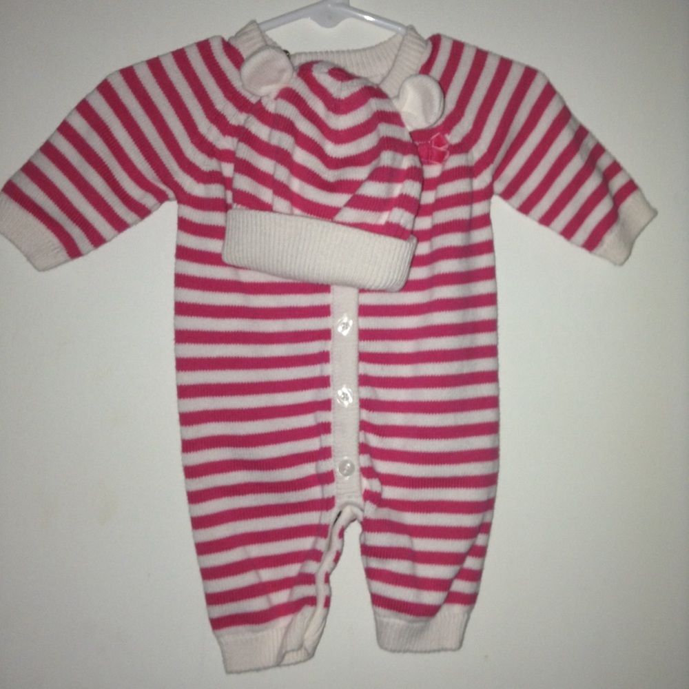 Infant sweater jumpsuit with beanie.