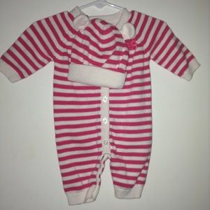 Infant sweater jumpsuit with beanie.