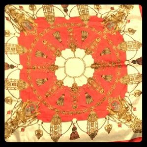 Cream & Orange Silky Scarf with Floral Design