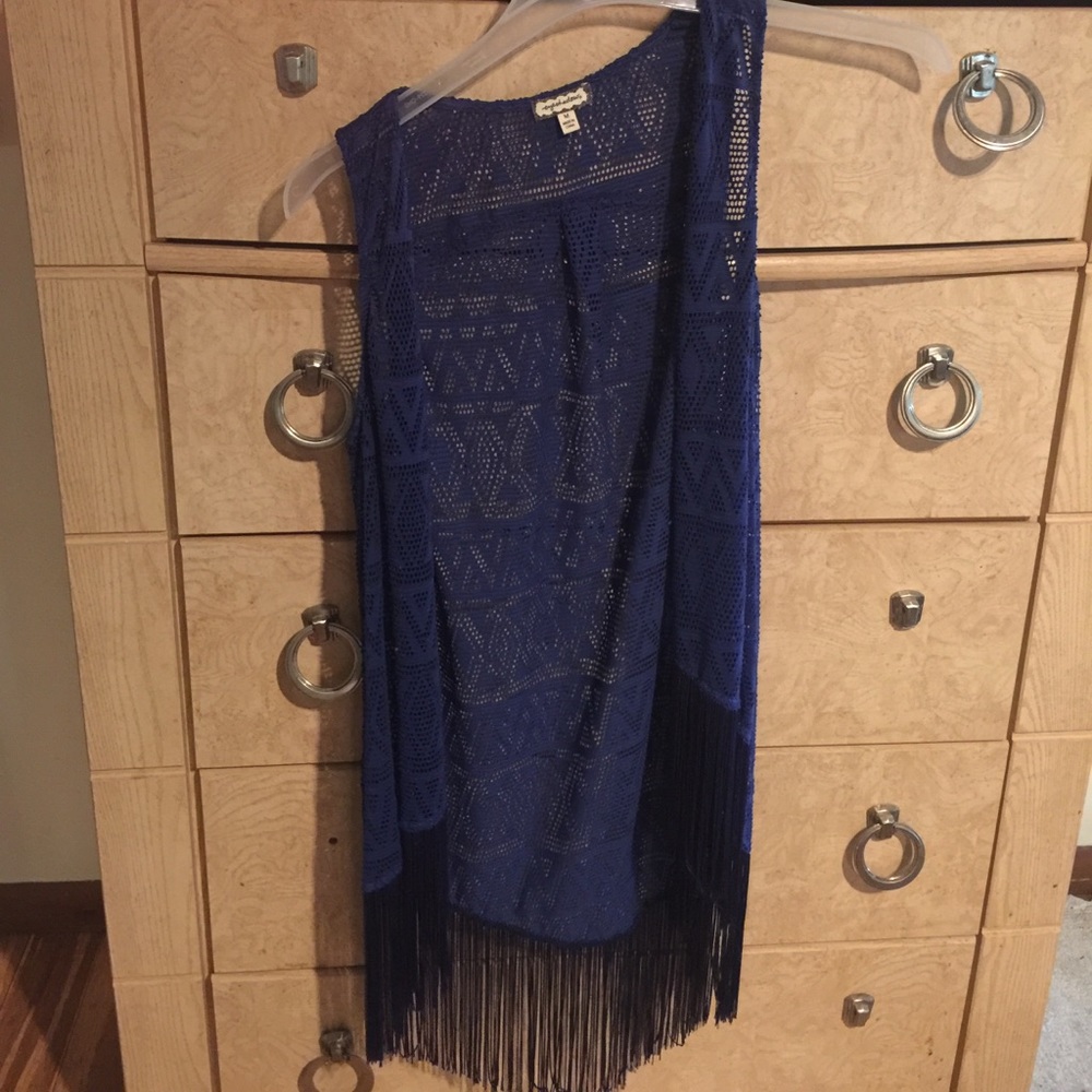 Blue fringe long vest