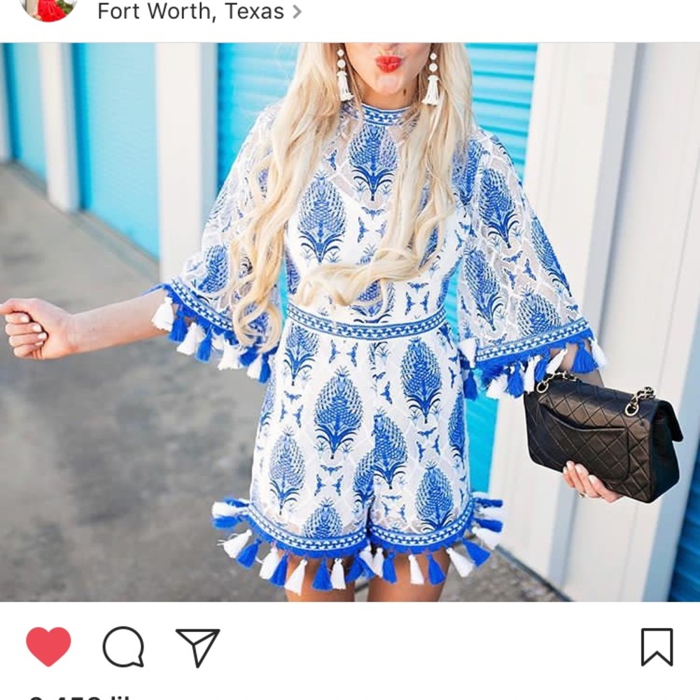 Royal blue and white tassel and embroidered romper