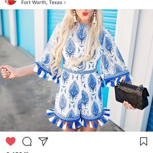 Royal blue and white tassel and embroidered romper