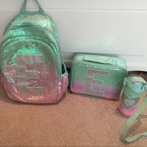 Justice backpack, lunch box, water bottle case