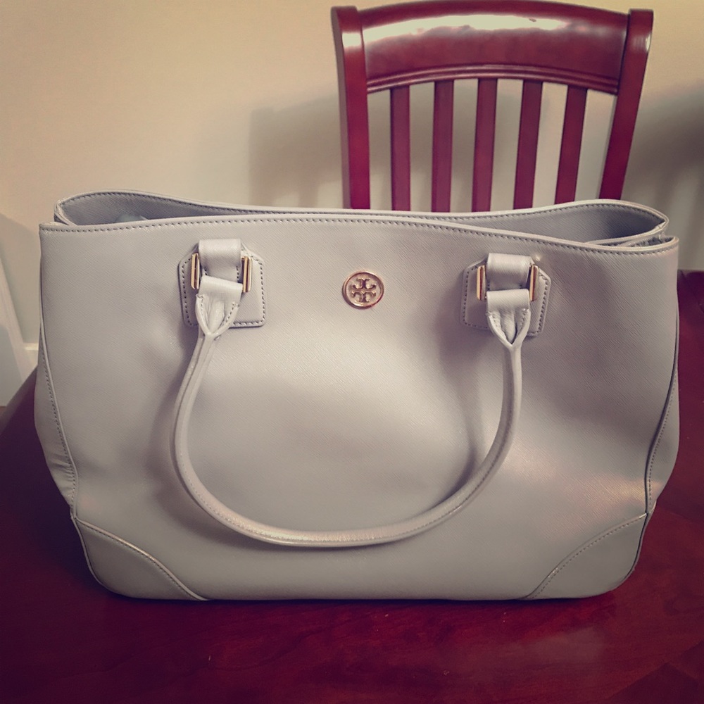 Gray leather tory tote