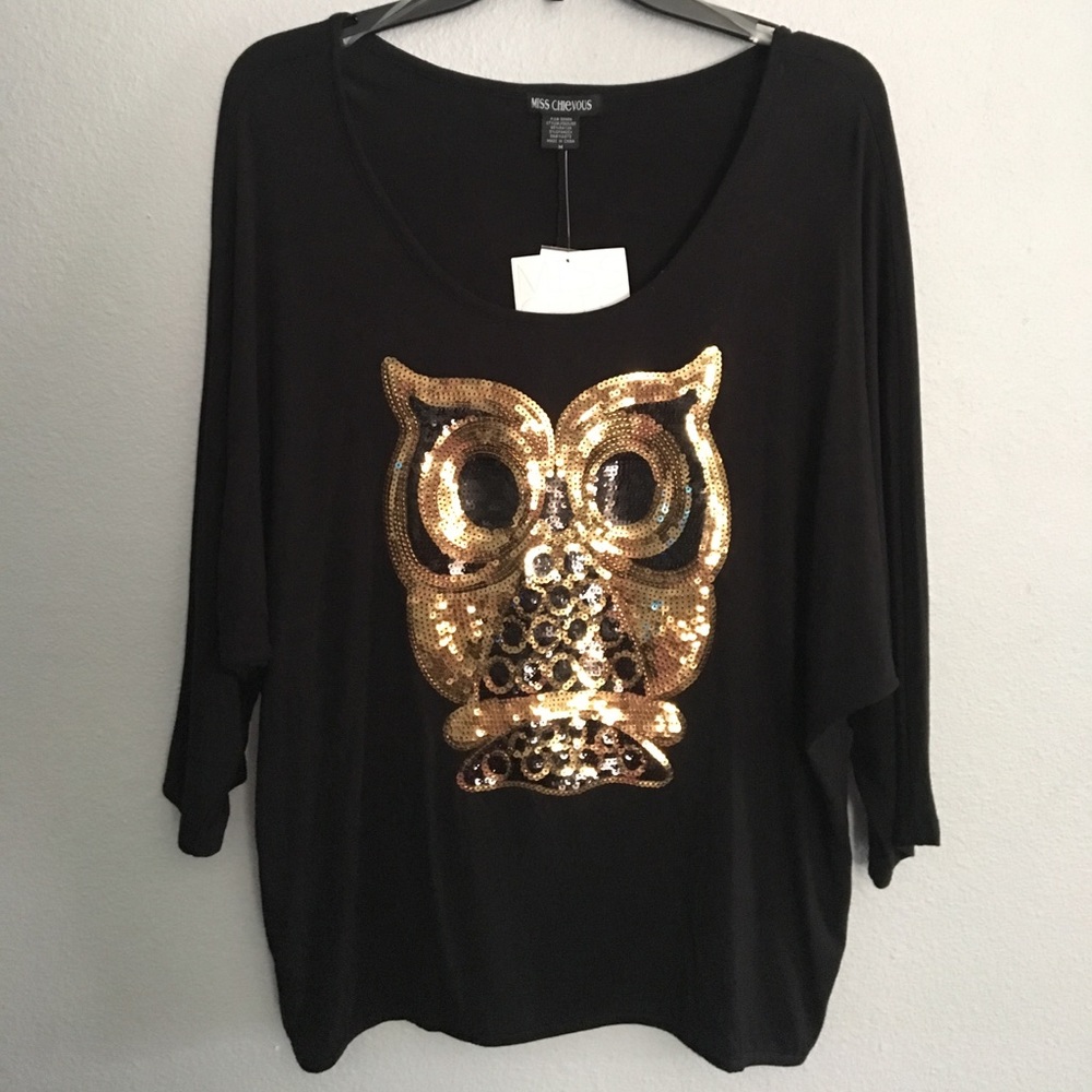 NWT Sequin owl black top