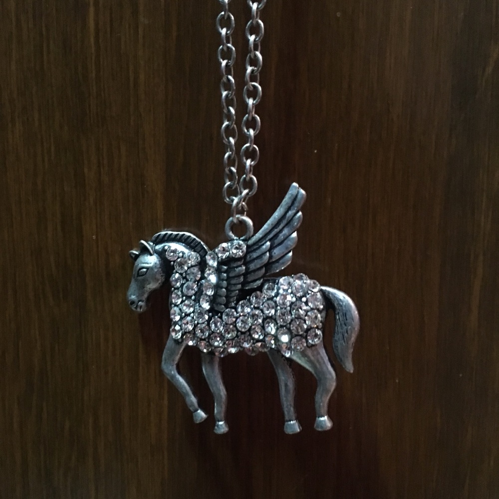 Pegasus Jeweled Silver Long Dangle Nexklace