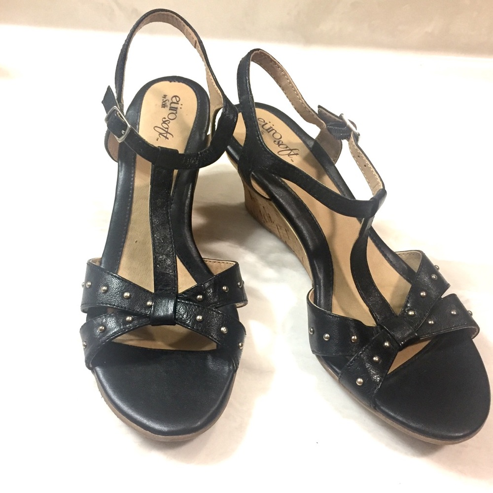 Black Wedges with Cork Heels and Gold Studs