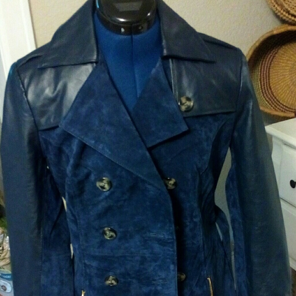 New blue leather and suede trench coat.