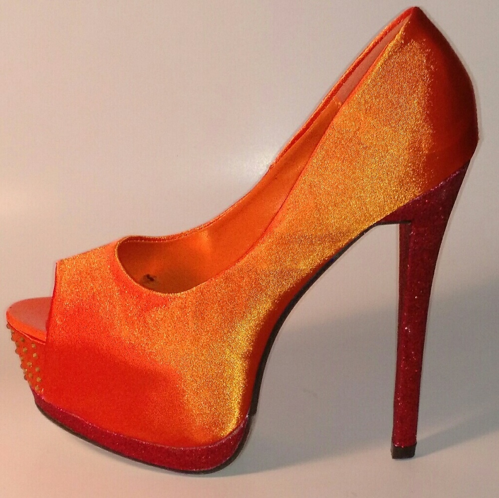 ORANGE SATIN PLATFORM PUMPS - Picture 3 of 7