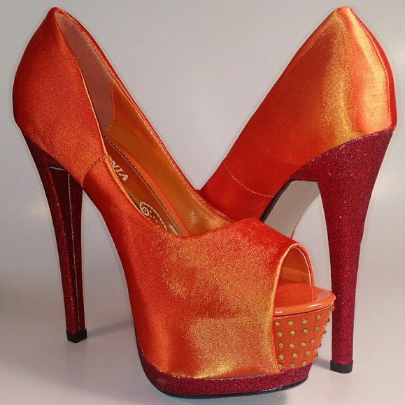 Shoes - ORANGE SATIN PLATFORM PUMPS
