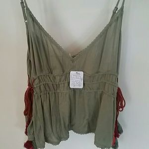 Free People Olive green halter top with tied sides