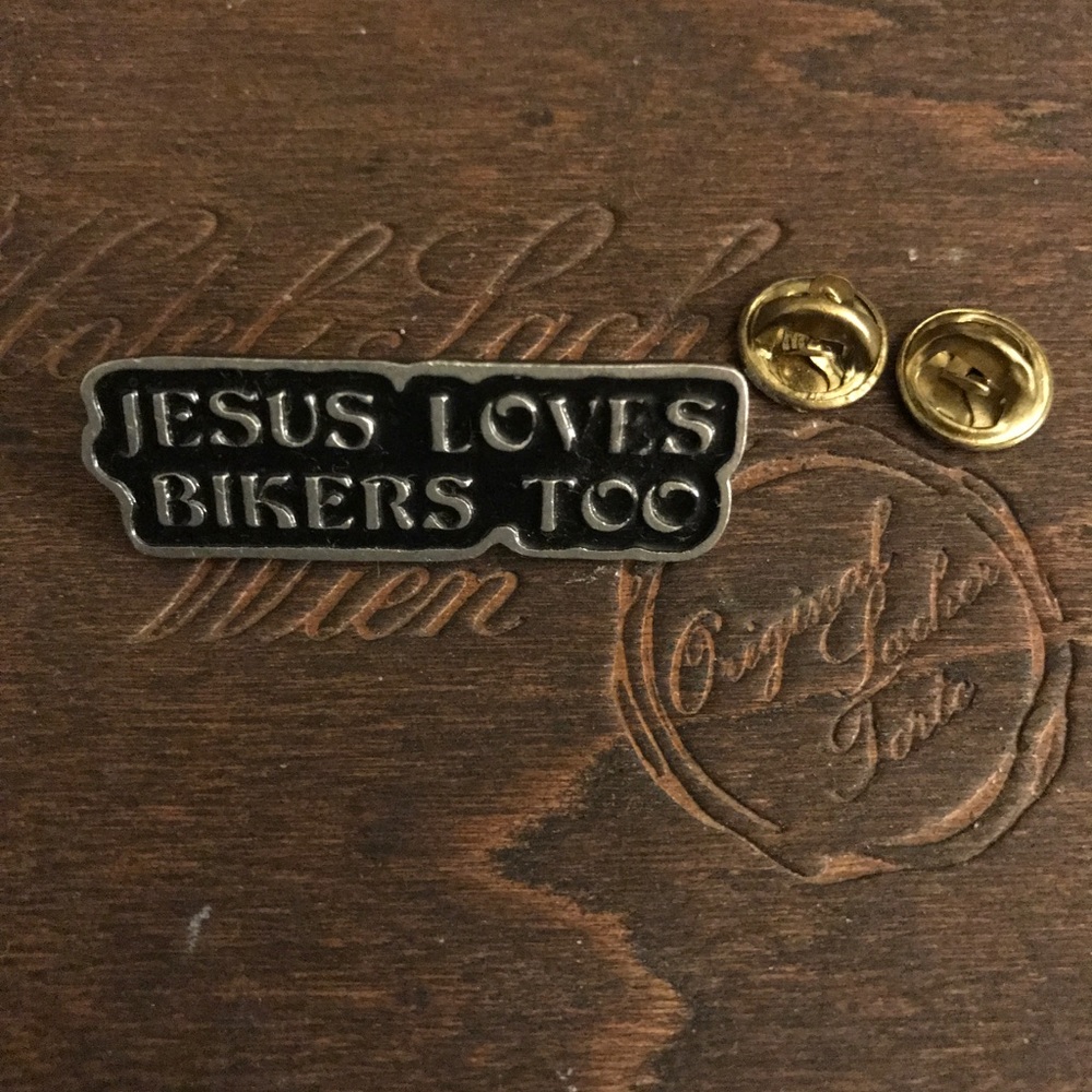 Vintage JESUS LOVES BIKERS TOO pewter enamel pin