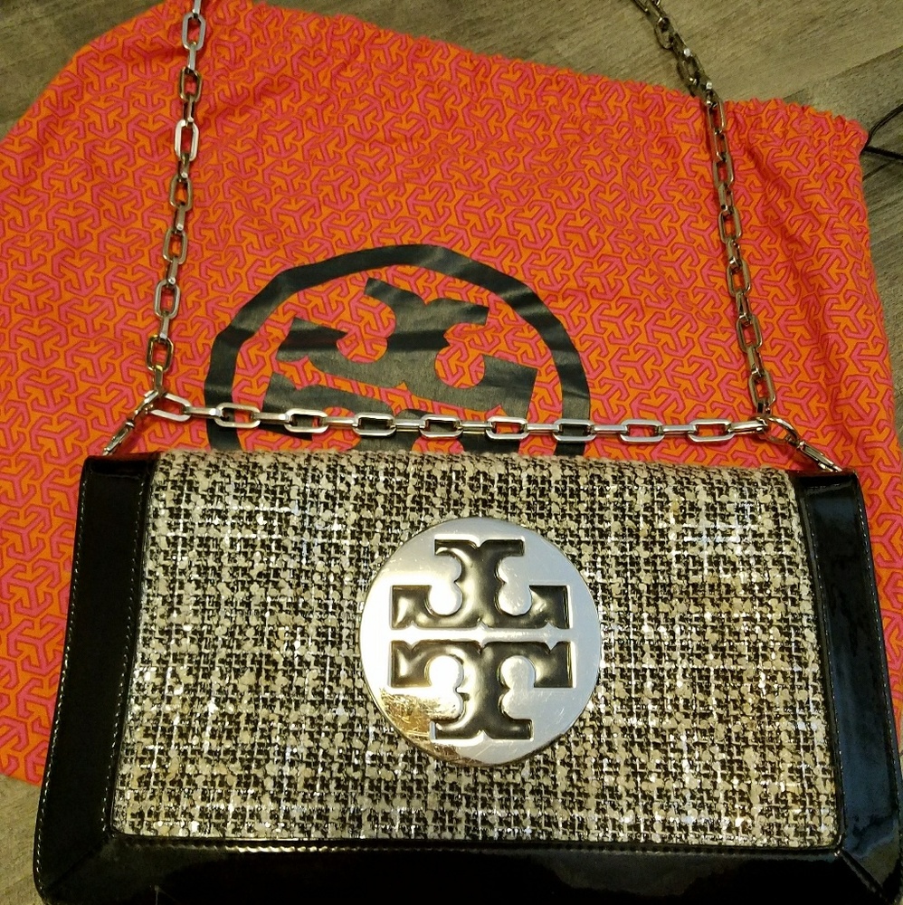 TORY BURCH TWEED REVA CLUTCH W/ CHAIN STRAPS