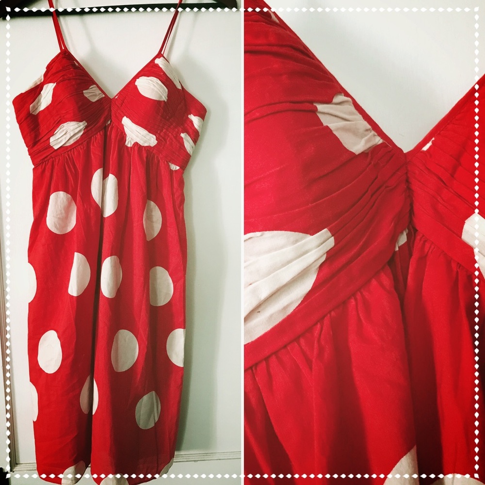 Red & White Polka Dot Dress - Midi, Pleated bodice