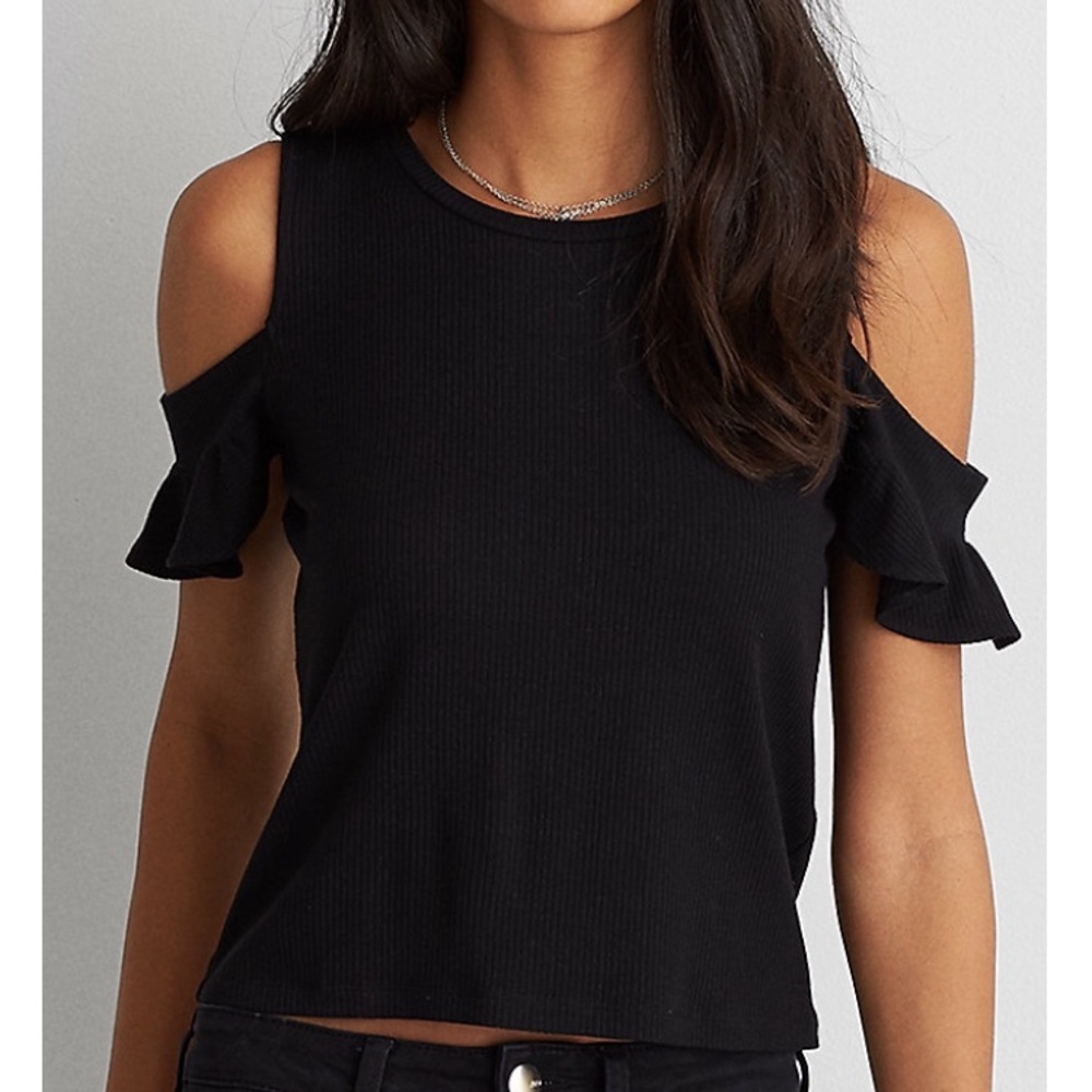 American Eagle Black Cold Shoulder Top