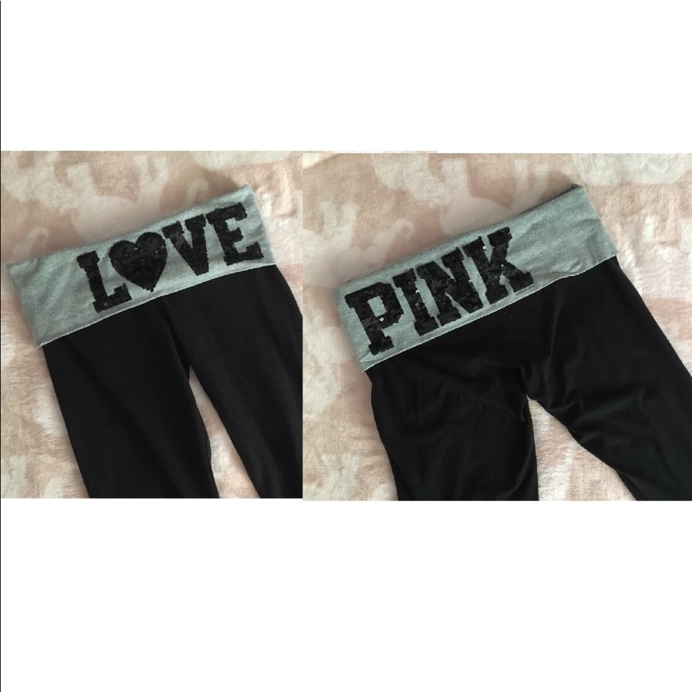 LOVE PINK Black Sequin Foldover Leggings XS
