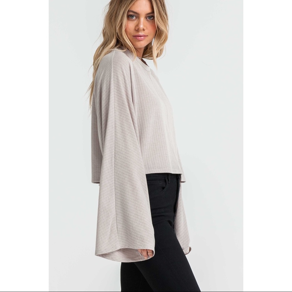 >BUY2/1FREE< Taupe Bell Sleeve Semi Crop Top - Picture 2 of 3