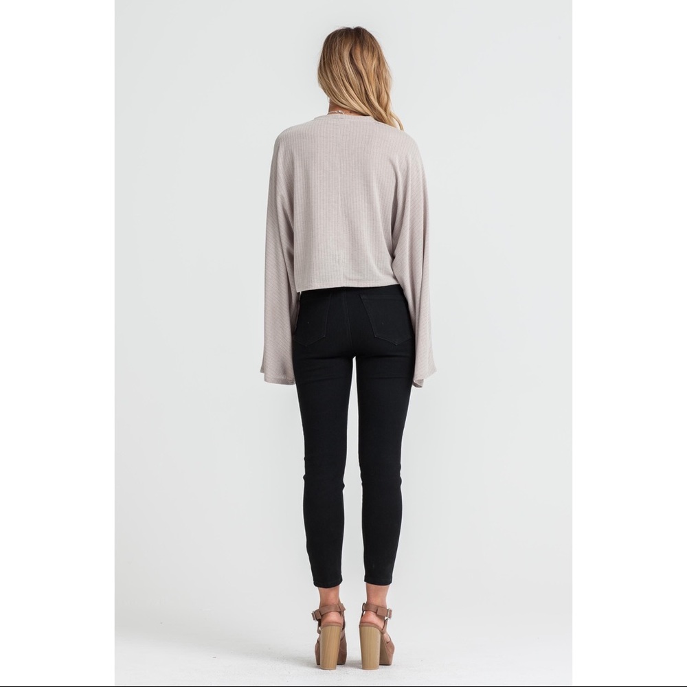 >BUY2/1FREE< Taupe Bell Sleeve Semi Crop Top - Picture 3 of 3