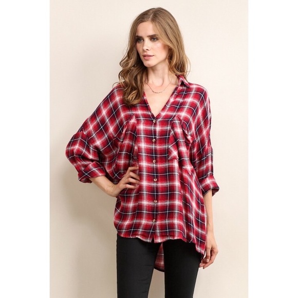 likeNarly Tops - >>LAST<< Red Plaid Relaxed Fit Top