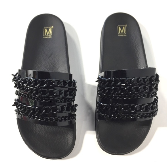 Black Chains Sandals Flip Flops Slides - Picture 2 of 4