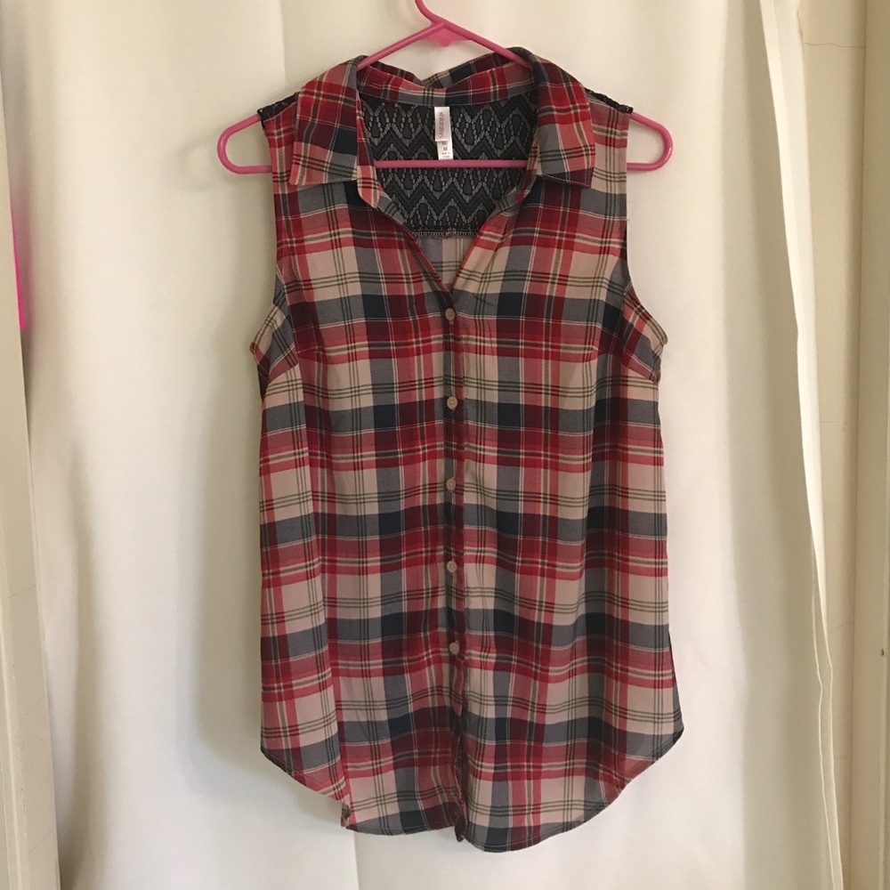 Plaid and Lace Sleeveless Blouse