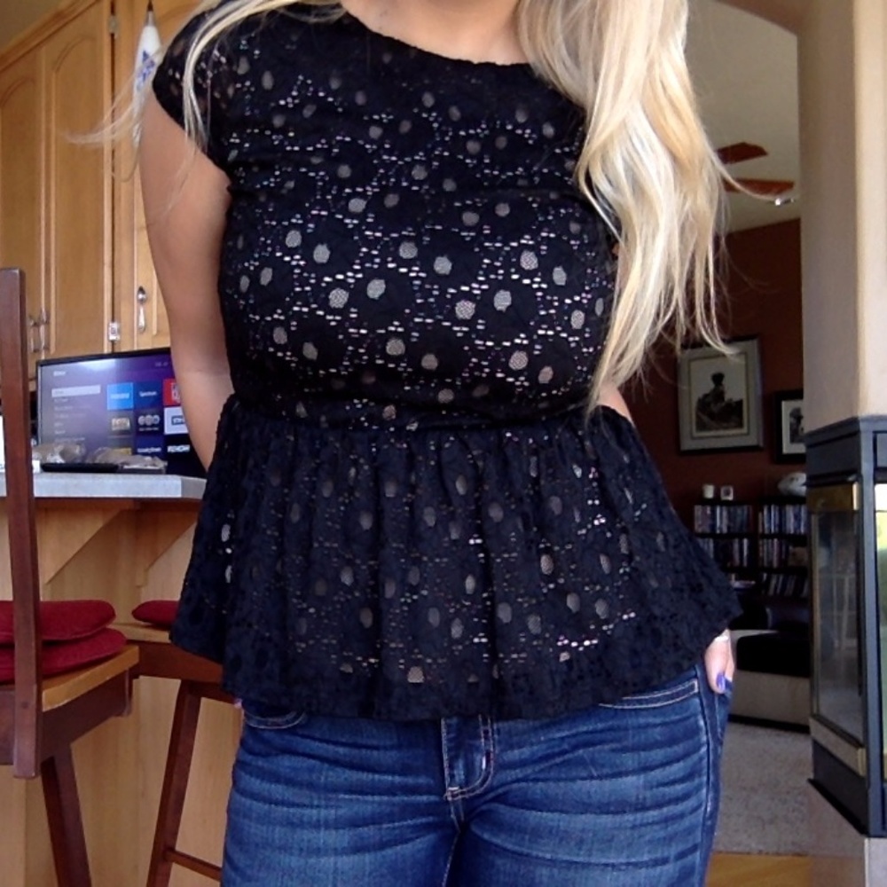 Black Peplum Blouse with High Neck and V-Back
