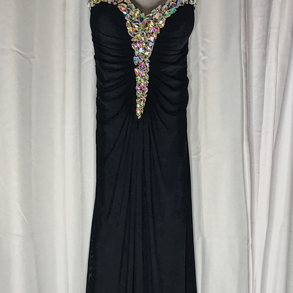 La Femme Black Strapless Embellished Gown