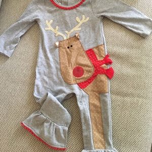 Mud Pie Christmas girls romper with reindeer 9-12m