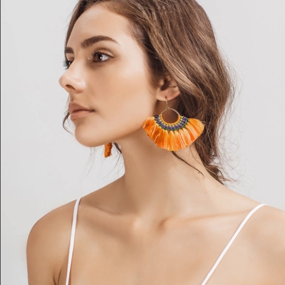 Trendy Fan Tassel Earrings Orange - Picture 3 of 6