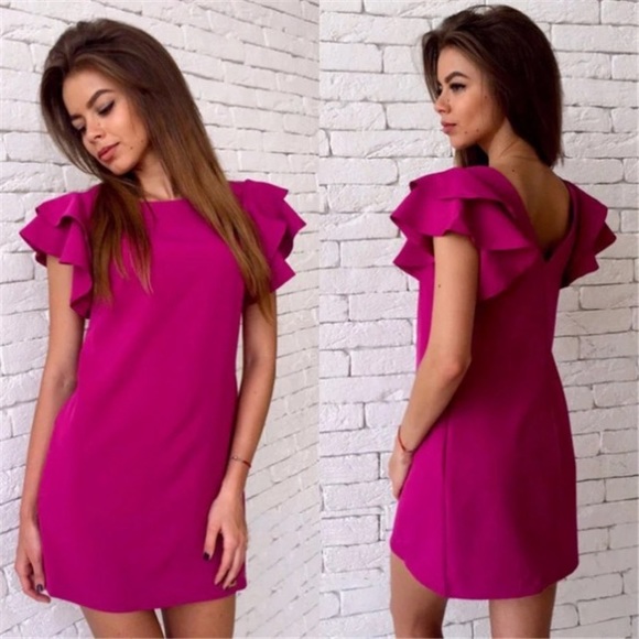 M,L Ruffle Shoulder Dress Hot Pink - Picture 3 of 5