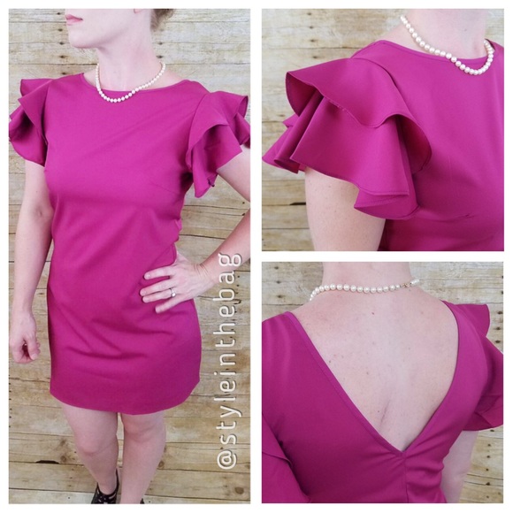 M,L Ruffle Shoulder Dress Hot Pink - Picture 2 of 5