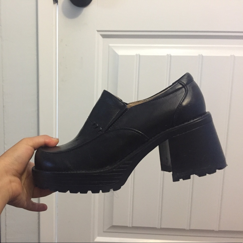 Black clunky slip on heels