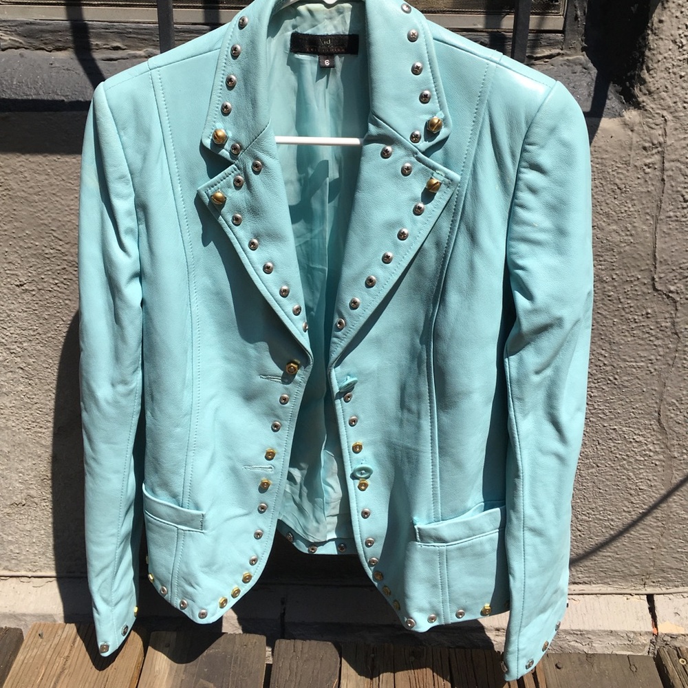 Fall love Baby blue Studded Leather Jacket