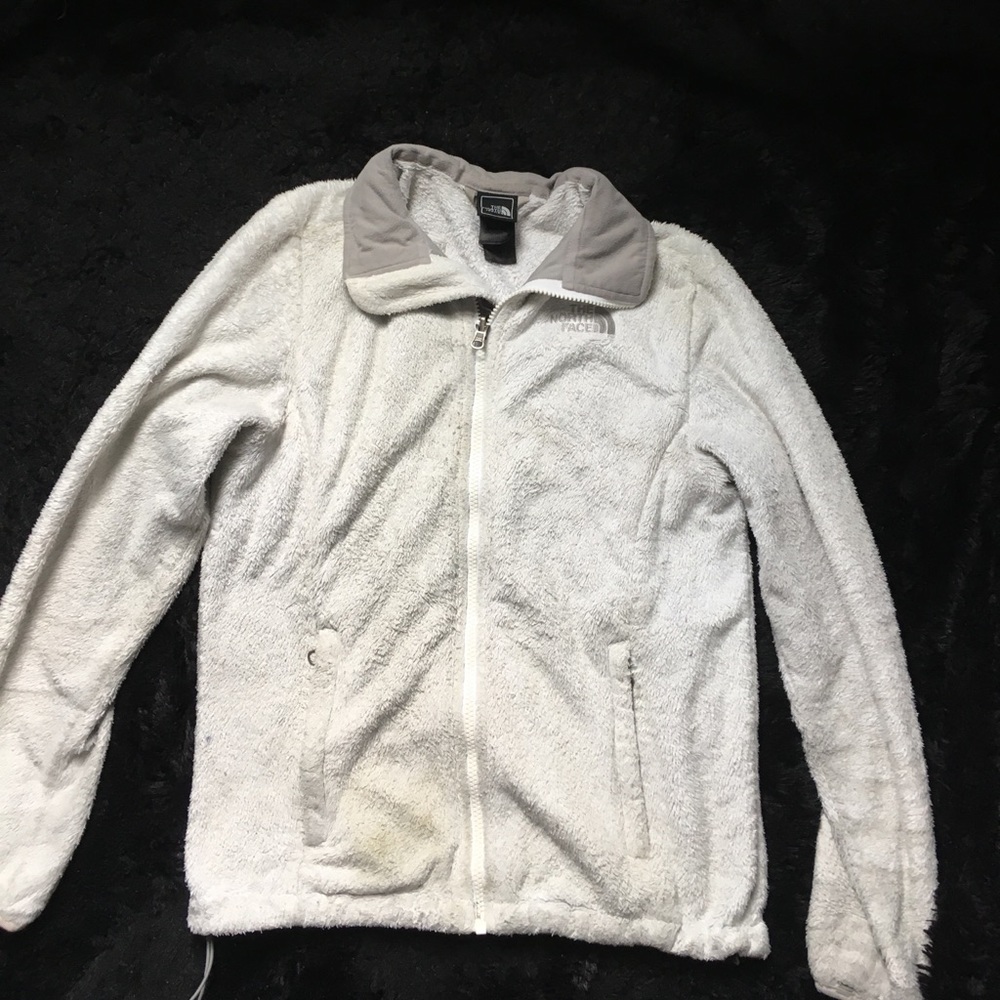 White fuzzy North Face