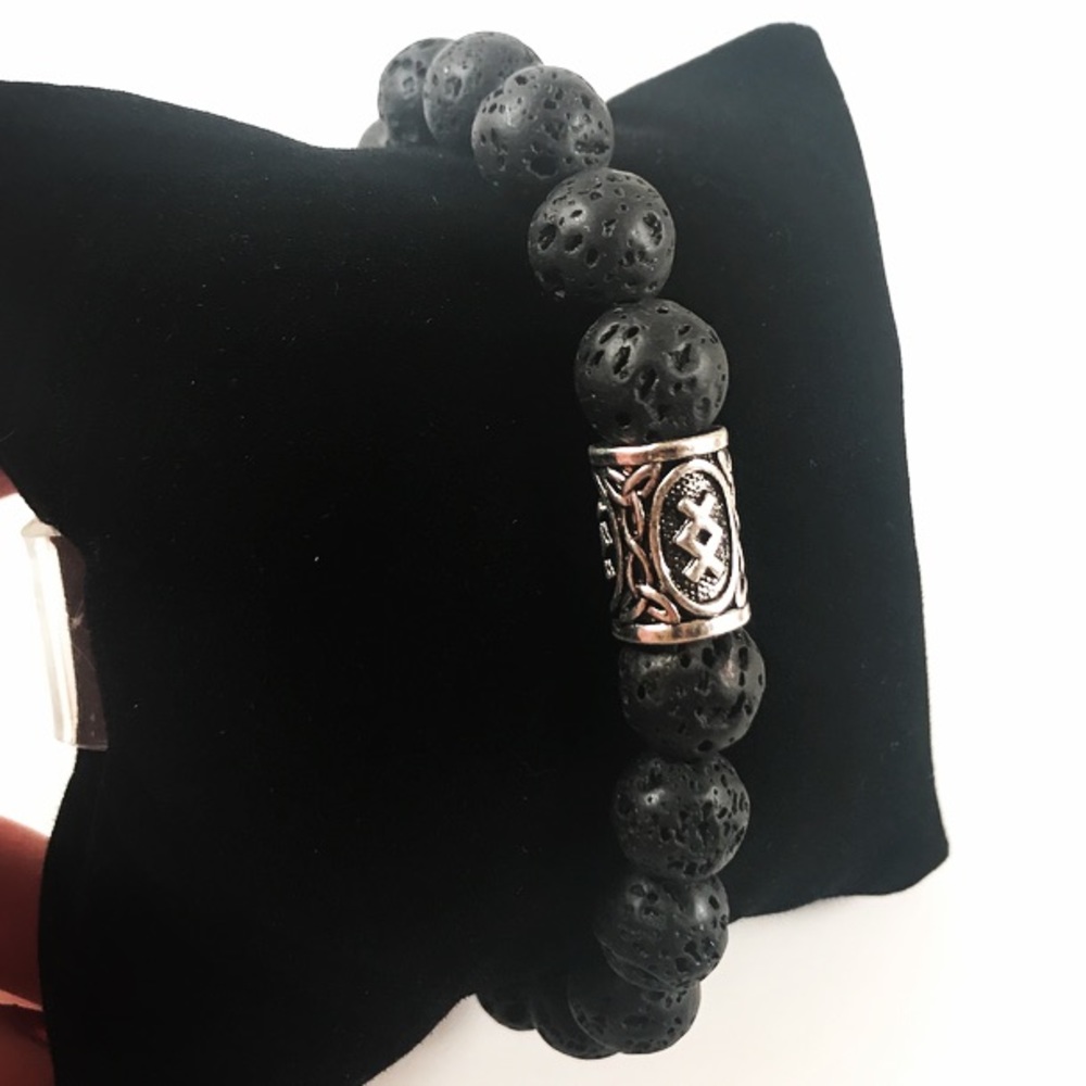 Men lava rock rune viking celtic beaded bracelet