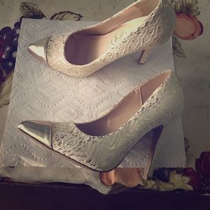 Rose Gold pointed high heels with lace detail