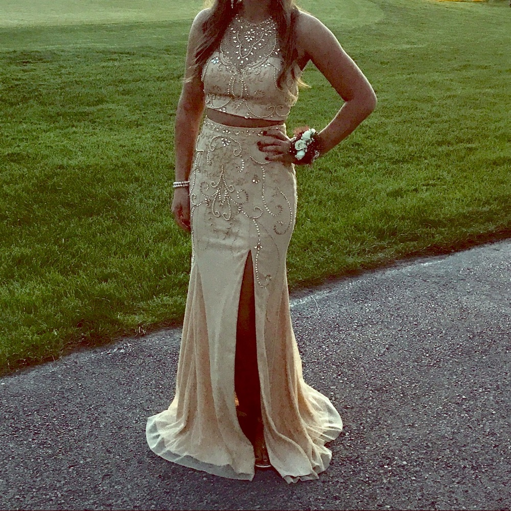 Gold Sparkle Long Two Piece Prom Dress