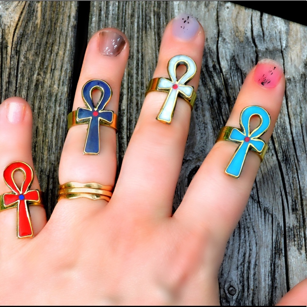 Vintage Inlaid Brass Ankh Ring Brass Adjustable