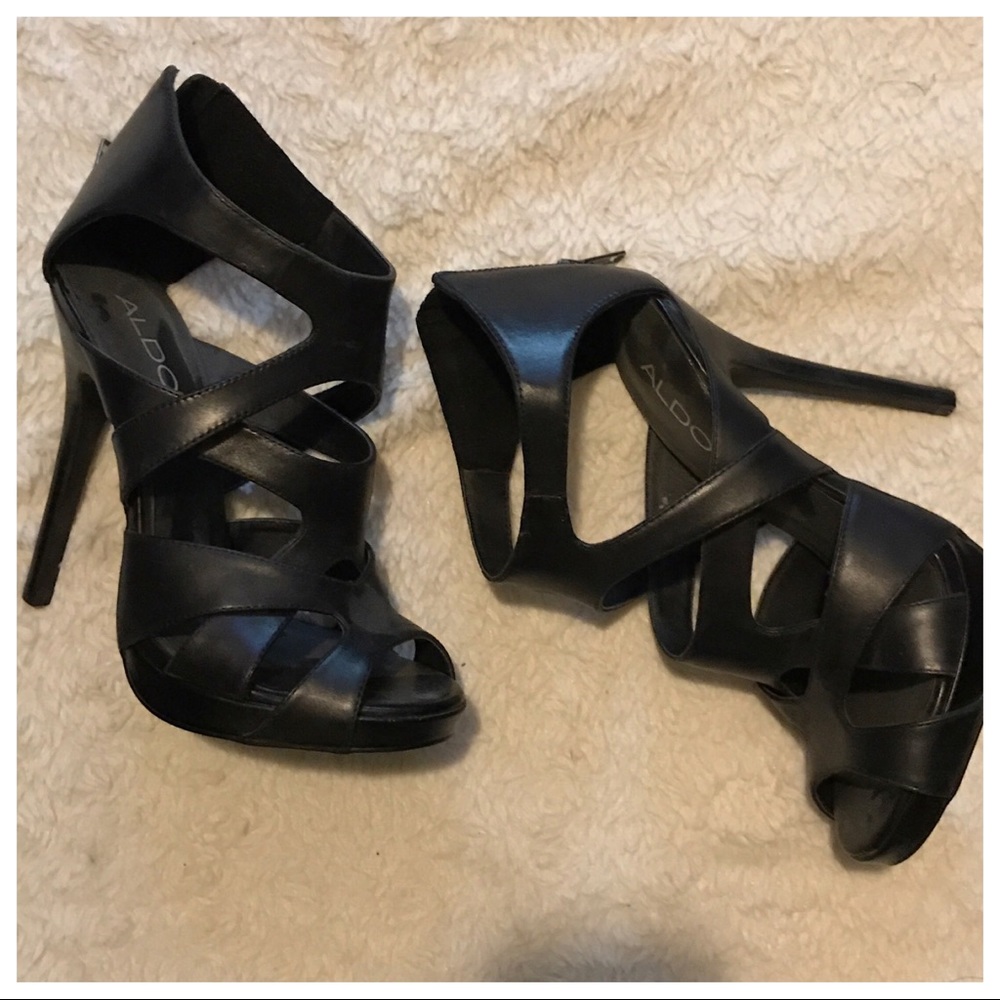 Aldo Strappy Black Leather Stiletto Sandal